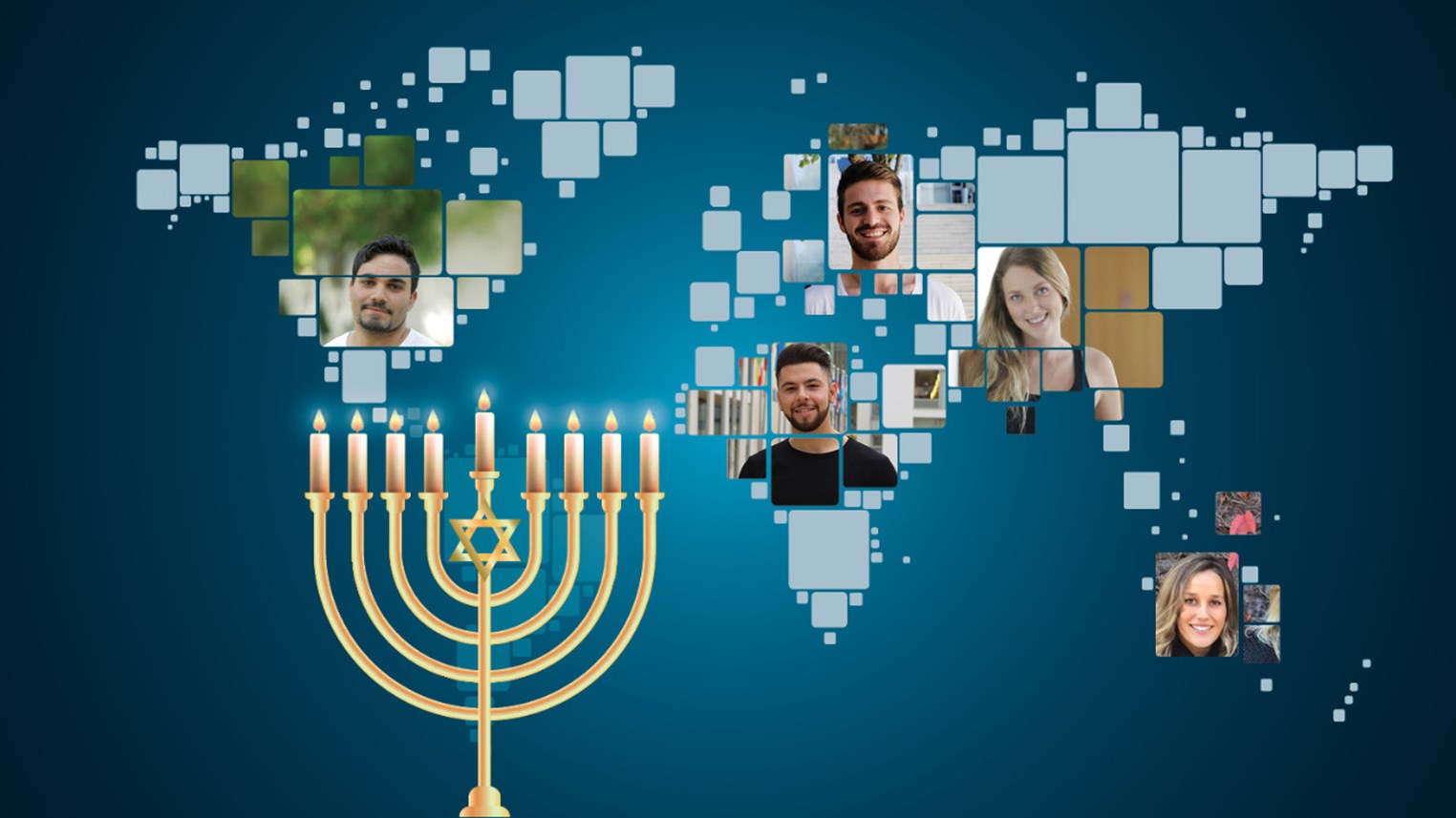 Hannukah map of the world picture with students faces on countries