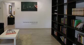Library white table and wall with picture